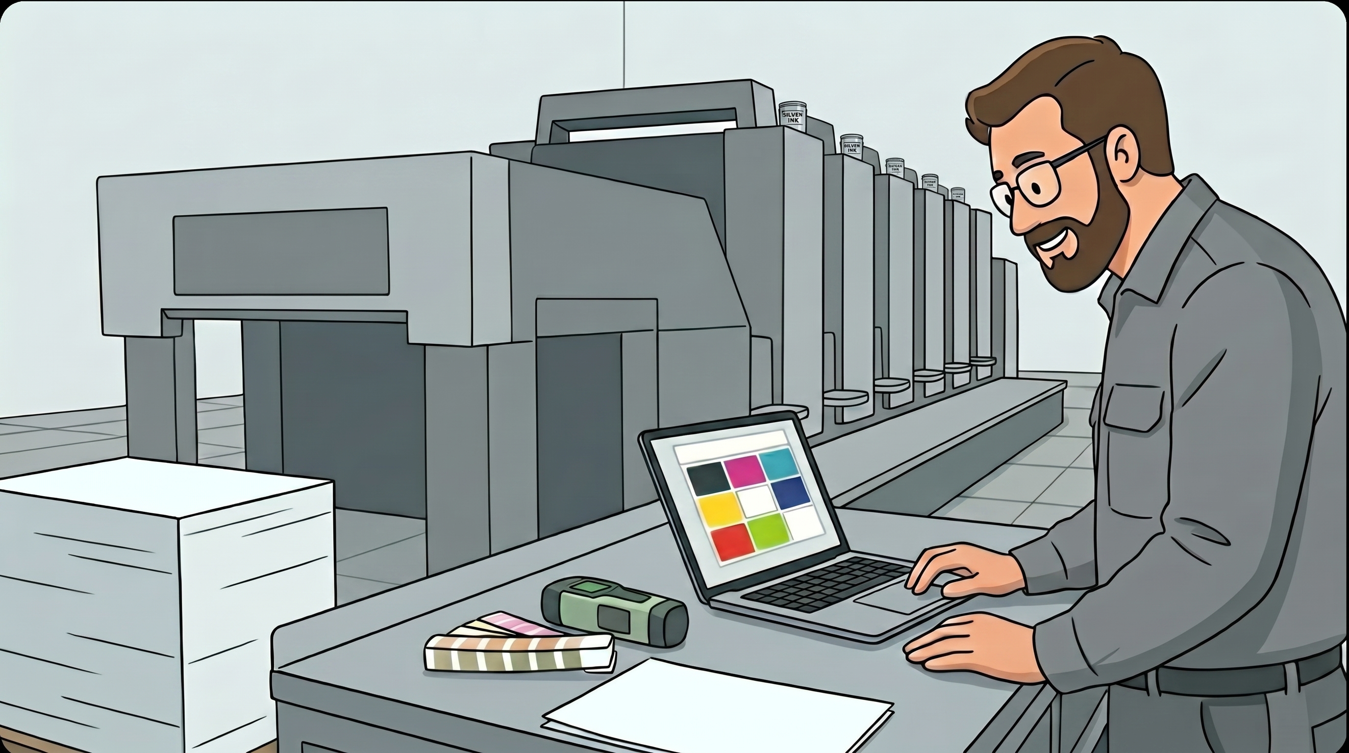 Printer logging a job at the press on a laptop